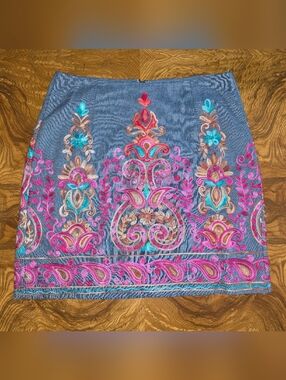 Entro Chambray Artsy Embroidered Mini Skirt, Womens Size Medium